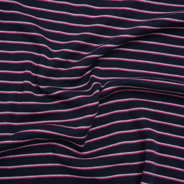 Cotton and Polyester 1x1 Rib Knit - Fuchsia, White and Navy Shadow Stripes - Deadstock