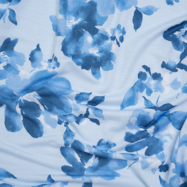 Stretch Rayon Jersey Print - Blue Tonal Watercolor Floral - Deadstock
