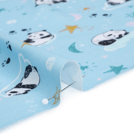 Recycled Polyester Jersey Print - Sky Blue, Black and White Sleepy Pandas - Deadstock