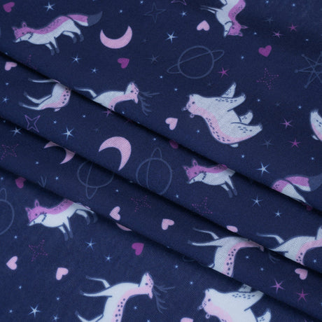 Recycled Polyester Jersey Print - Navy, Purple and White Celestial Animals - Deadstock
