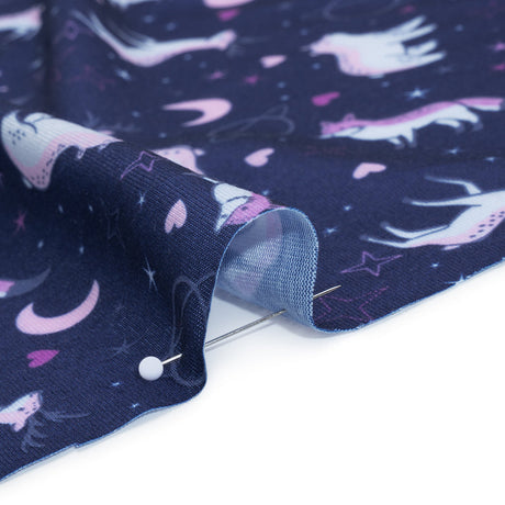 Recycled Polyester Jersey Print - Navy, Purple and White Celestial Animals - Deadstock