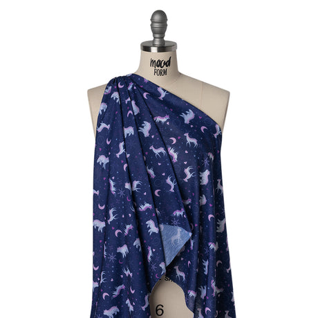 Recycled Polyester Jersey Print - Navy, Purple and White Celestial Animals - Deadstock