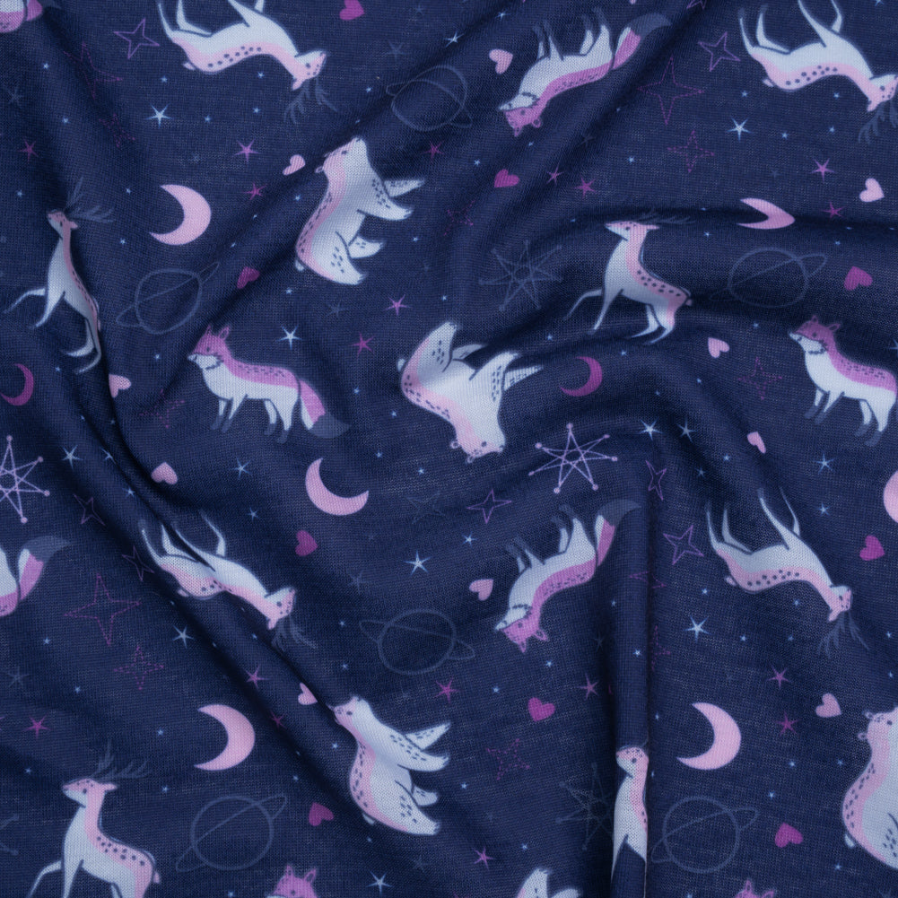 Recycled Polyester Jersey Print - Navy, Purple and White Celestial Animals - Deadstock