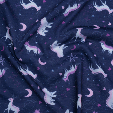 Recycled Polyester Jersey Print - Navy, Purple and White Celestial Animals - Deadstock