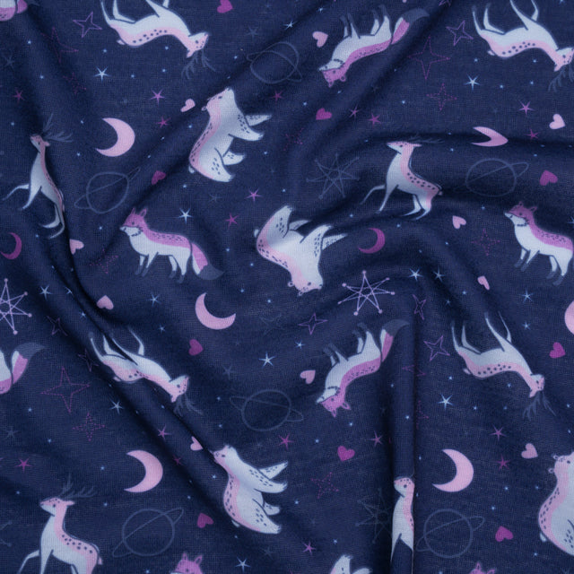 Recycled Polyester Jersey Print - Navy, Purple and White Celestial Animals - Deadstock