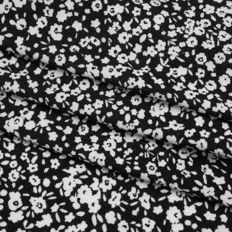 Stretch Rayon Jersey - Black and White Little Flowers - Deadstock