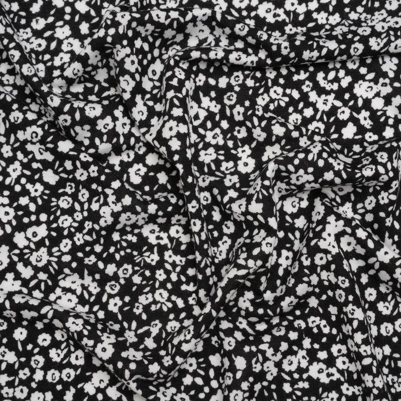 Stretch Rayon Jersey - Black and White Little Flowers - Deadstock