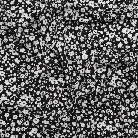 Stretch Rayon Jersey - Black and White Little Flowers - Deadstock