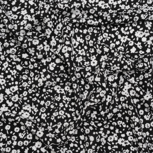 Stretch Rayon Jersey - Black and White Little Flowers - Deadstock