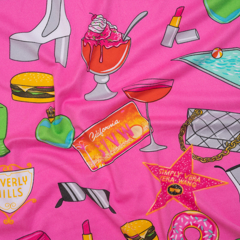 Stretch Polyester ITY Jersey by Vera Wang - Fuchsia, Green and Orange California Dreaming Icons - Designer Deadstock
