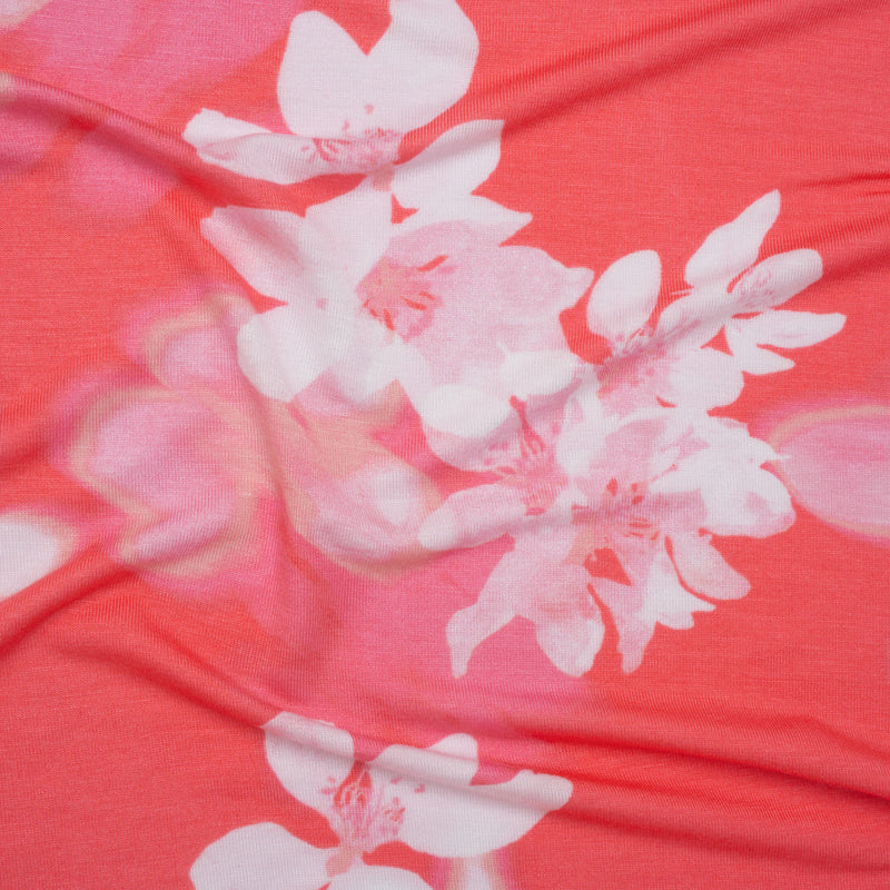 Stretch Rayon Jersey - Coral, Pink and White Soft Florals - Deadstock