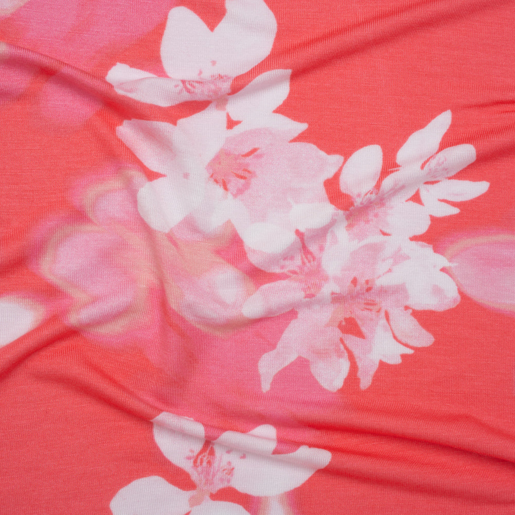 Stretch Rayon Jersey - Coral, Pink and White Soft Florals - Deadstock