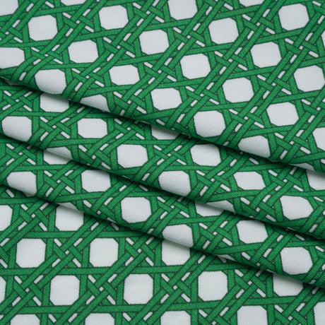 Stretch Polyester ITY Jersey - Kelly Green and White Wicker Basket Lattice - Deadstock