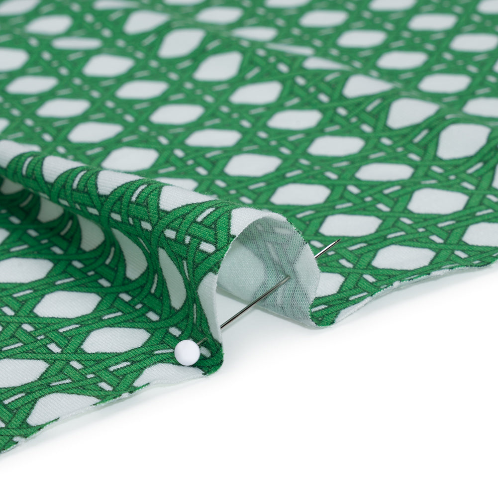 Stretch Polyester ITY Jersey - Kelly Green and White Wicker Basket Lattice - Deadstock