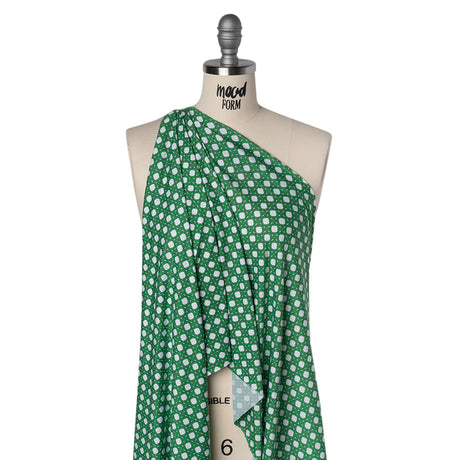 Stretch Polyester ITY Jersey - Kelly Green and White Wicker Basket Lattice - Deadstock