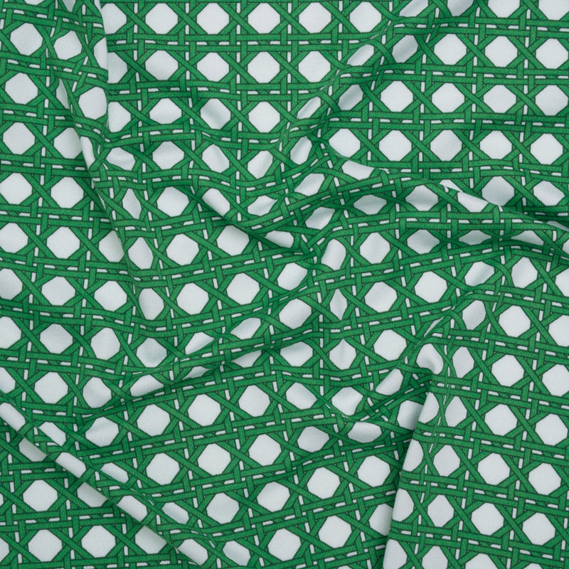 Stretch Polyester ITY Jersey - Kelly Green and White Wicker Basket Lattice - Deadstock
