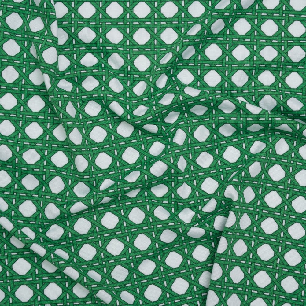 Stretch Polyester ITY Jersey - Kelly Green and White Wicker Basket Lattice - Deadstock