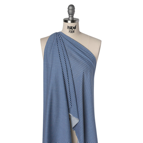 Cotton and Viscose Jersey - Cobalt Blue and White Candy Stripes - Deadstock