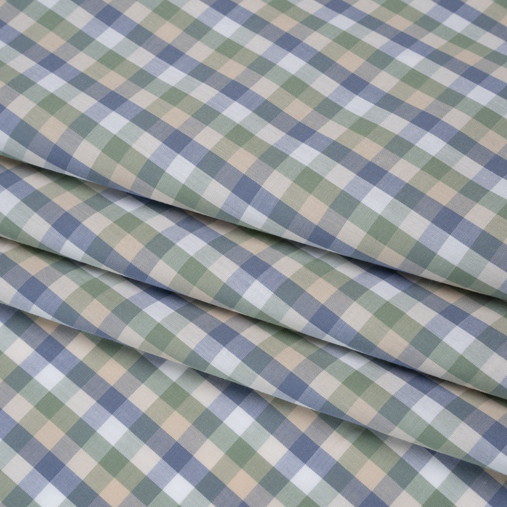 Cotton Shirting - Balsam Green, Muted Blue and Beige Plaid - Deadstock