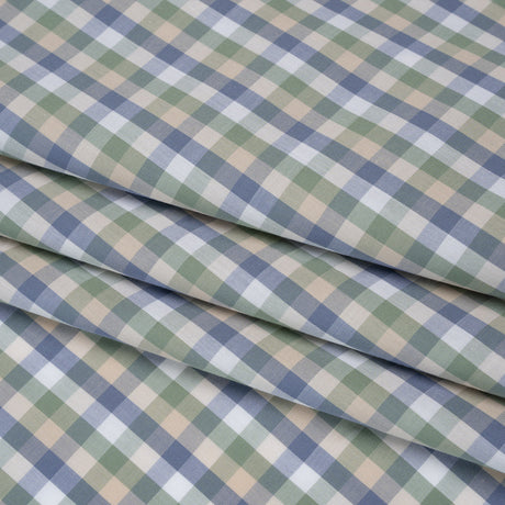 Cotton Shirting - Balsam Green, Muted Blue and Beige Plaid - Deadstock