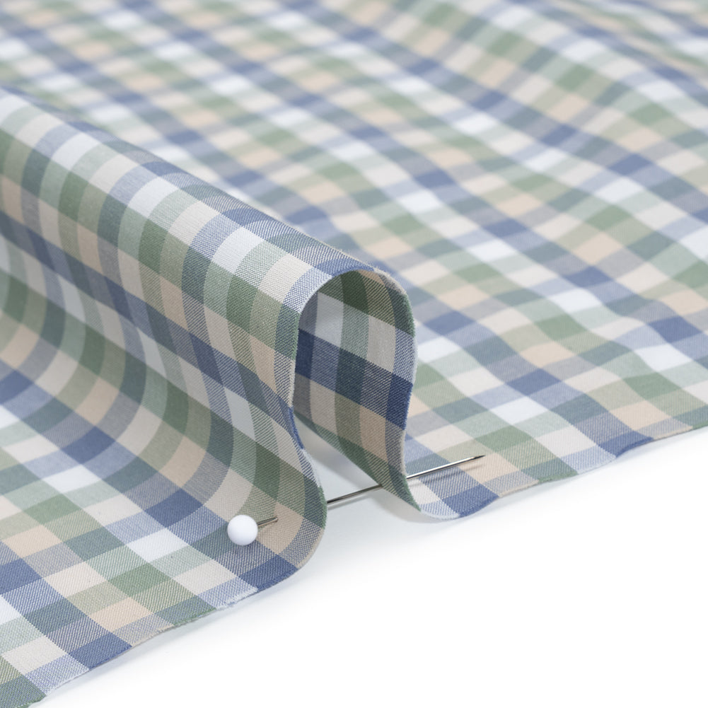 Cotton Shirting - Balsam Green, Muted Blue and Beige Plaid - Deadstock