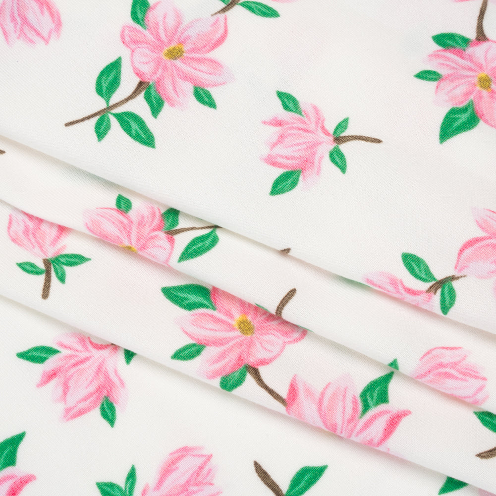 Stretch Polyester ITY Jersey - Ivory and Pink Florals - Deadstock