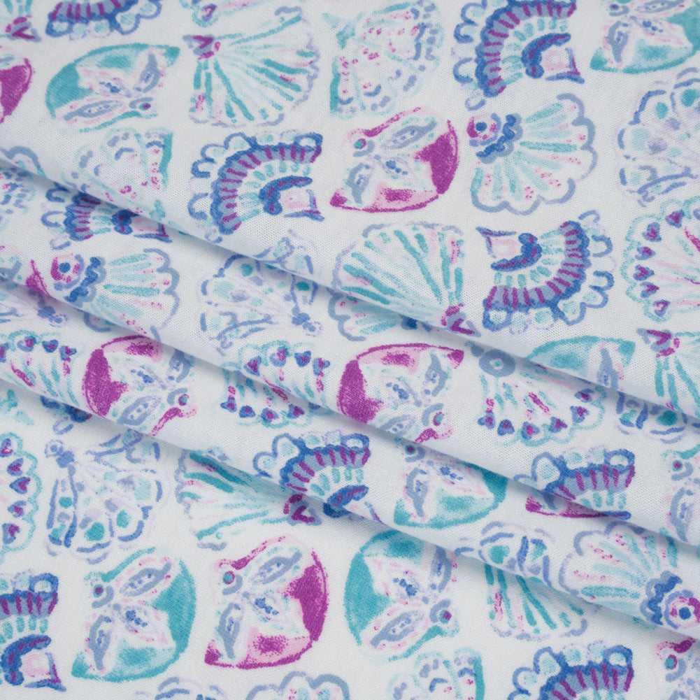 Cotton and Polyester Jersey - Mint Green, Blue and Magenta Seashells - Deadstock