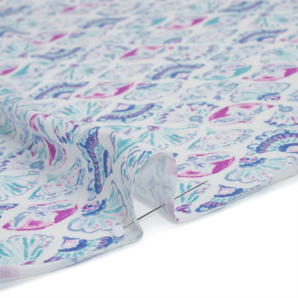 Cotton and Polyester Jersey - Mint Green, Blue and Magenta Seashells - Deadstock