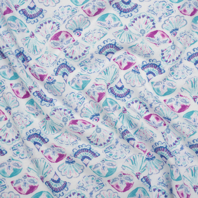Cotton and Polyester Jersey - Mint Green, Blue and Magenta Seashells - Deadstock