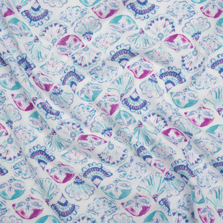 Cotton and Polyester Jersey - Mint Green, Blue and Magenta Seashells - Deadstock