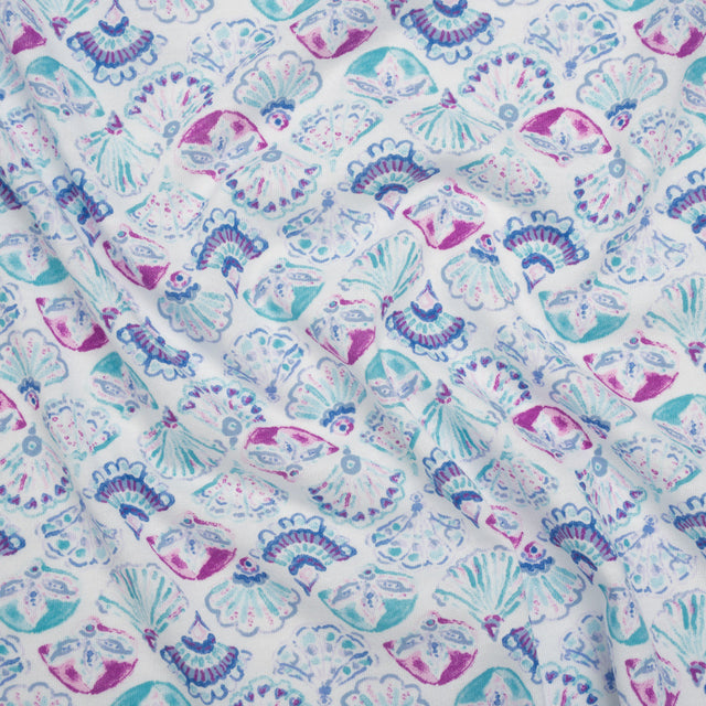 Cotton and Polyester Jersey - Mint Green, Blue and Magenta Seashells - Deadstock