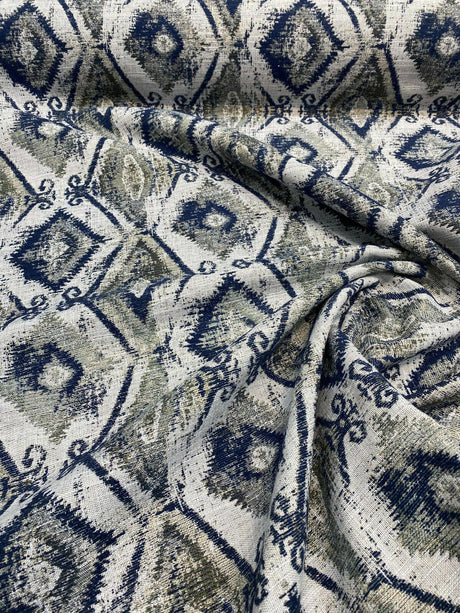Thylane Indigo Ikat Chenille Upholstery Fabric - Indigo, Navy Blue/Off White, 56.5" Width (1 Yard)