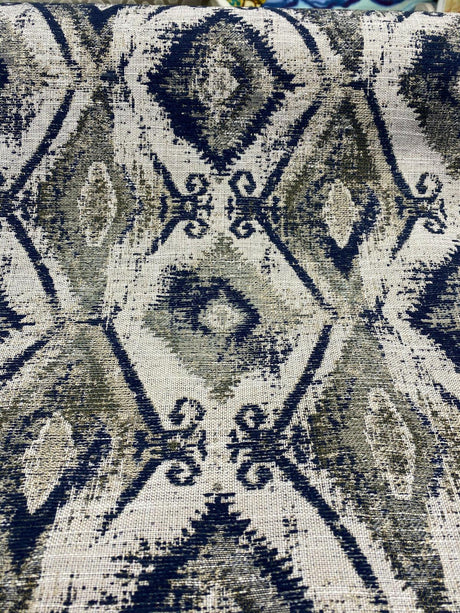 Thylane Indigo Ikat Chenille Upholstery Fabric - Indigo, Navy Blue/Off White, 56.5" Width (1 Yard)