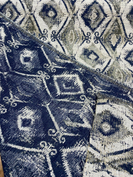 Thylane Indigo Ikat Chenille Upholstery Fabric - Indigo, Navy Blue/Off White, 56.5" Width (1 Yard)