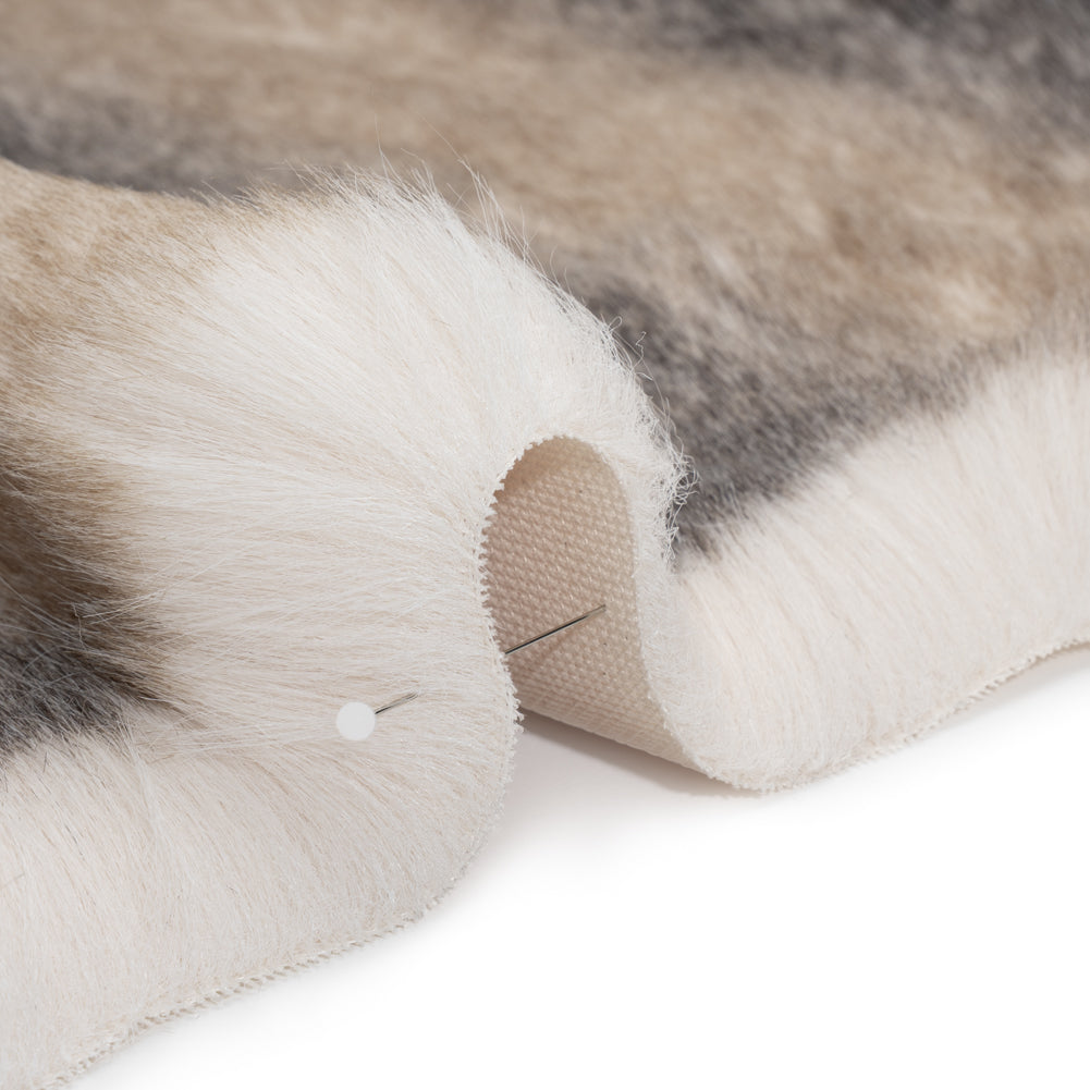 Plush Three-Tone Long Pile Recycled Polyester Faux Fur - Ivory, Tan and Charcoal Soft Stripes