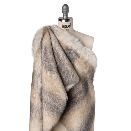 Plush Three-Tone Long Pile Recycled Polyester Faux Fur - Ivory, Tan and Charcoal Soft Stripes