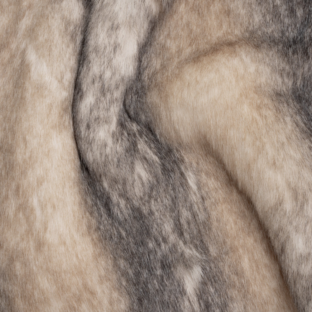 Plush Three-Tone Long Pile Recycled Polyester Faux Fur - Ivory, Tan and Charcoal Soft Stripes