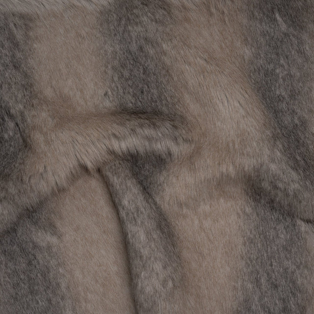 Plush Three-Tone Long Pile Recycled Polyester Faux Fur - Gray, Tan and Charcoal Soft Stripes