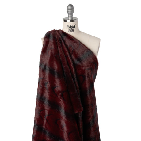 Plush Short Pile Recycled Polyester Faux Fur - Burgundy and Black Woodgrain Print