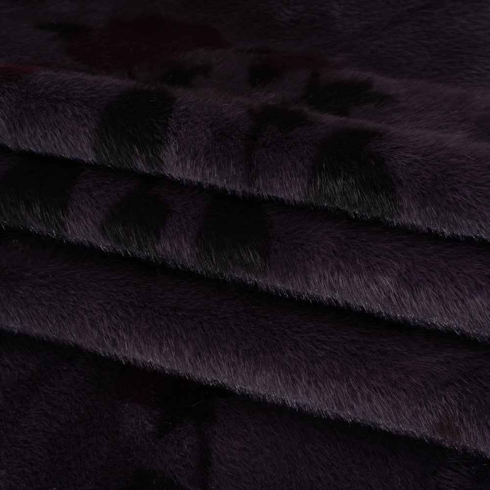 Plush Short Pile Recycled Polyester Faux Fur - Dark Purple, Charcoal and Burgundy Floral Print