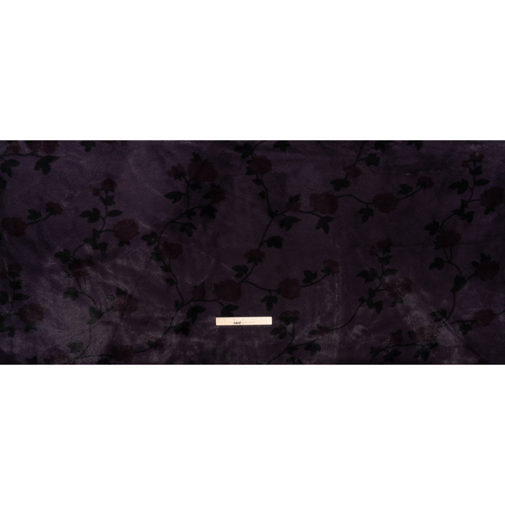 Plush Short Pile Recycled Polyester Faux Fur - Dark Purple, Charcoal and Burgundy Floral Print