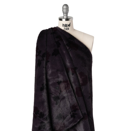 Plush Short Pile Recycled Polyester Faux Fur - Dark Purple, Charcoal and Burgundy Floral Print