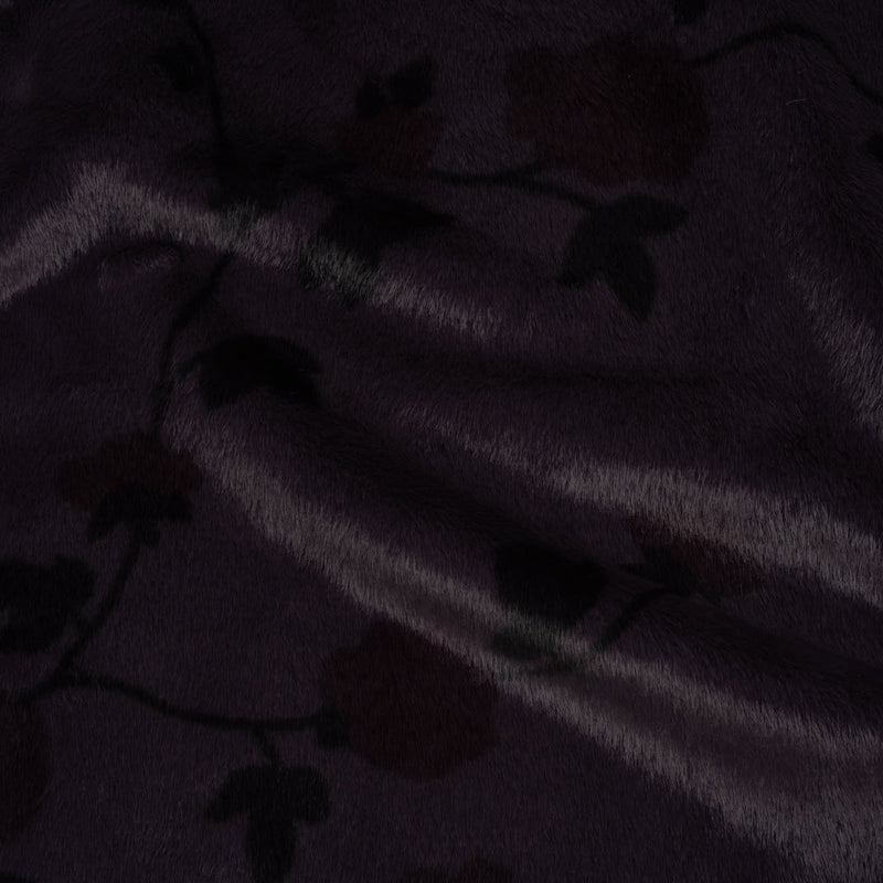 Plush Short Pile Recycled Polyester Faux Fur - Dark Purple, Charcoal and Burgundy Floral Print