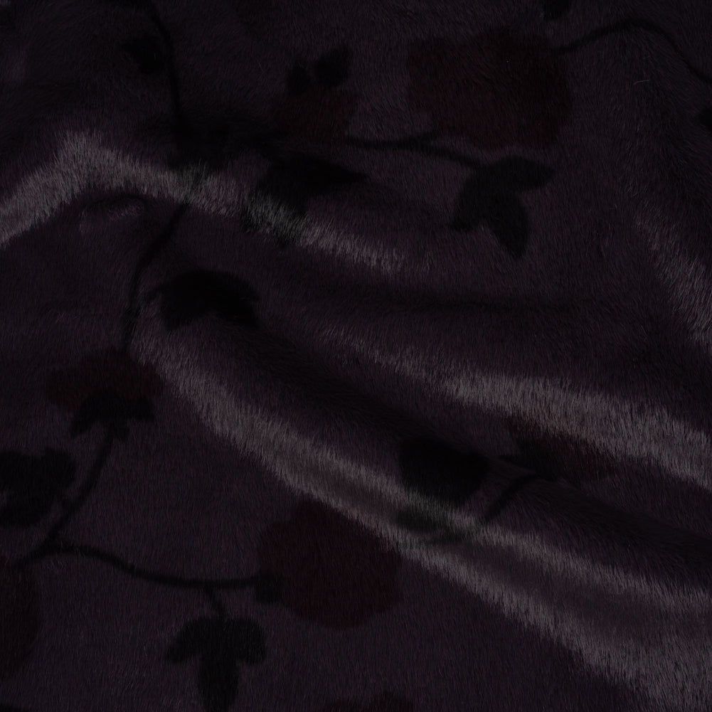 Plush Short Pile Recycled Polyester Faux Fur - Dark Purple, Charcoal and Burgundy Floral Print
