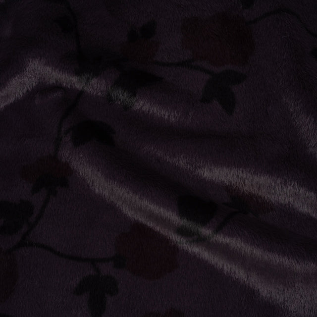 Plush Short Pile Recycled Polyester Faux Fur - Dark Purple, Charcoal and Burgundy Floral Print