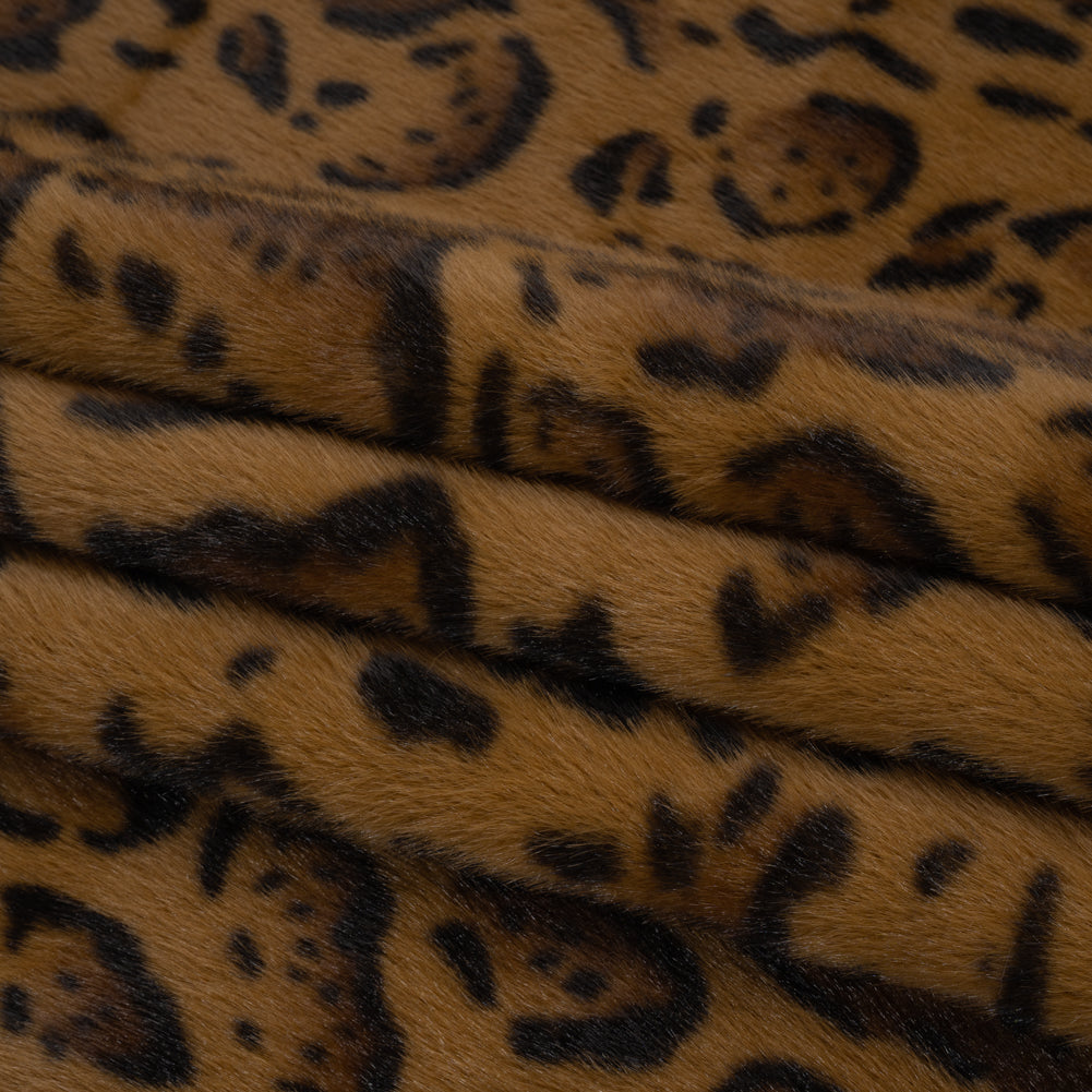 Plush Short Pile Recycled Polyester Faux Fur - Tan, Brown and Black Animal Spots Print