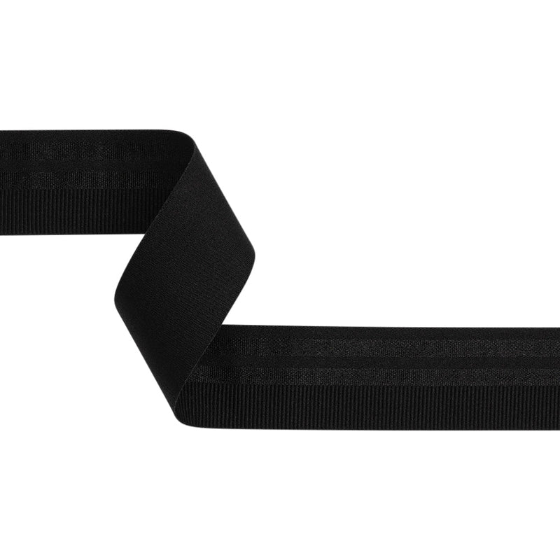 Nylon Elastic Trim with Satin Stripes and Ribbing Made in Italy - 1.625" - Black