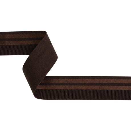 Nylon Elastic Trim with Satin Stripes and Ribbing Made in Italy - 1.625" - Brown