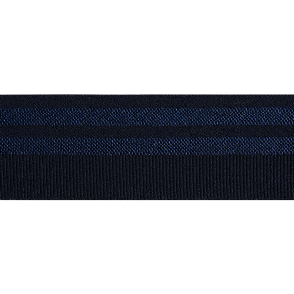 Nylon Elastic Trim with Satin Stripes and Ribbing Made in Italy - 1.625" - Navy