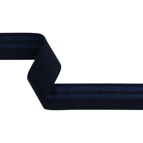 Nylon Elastic Trim with Satin Stripes and Ribbing Made in Italy - 1.625" - Navy